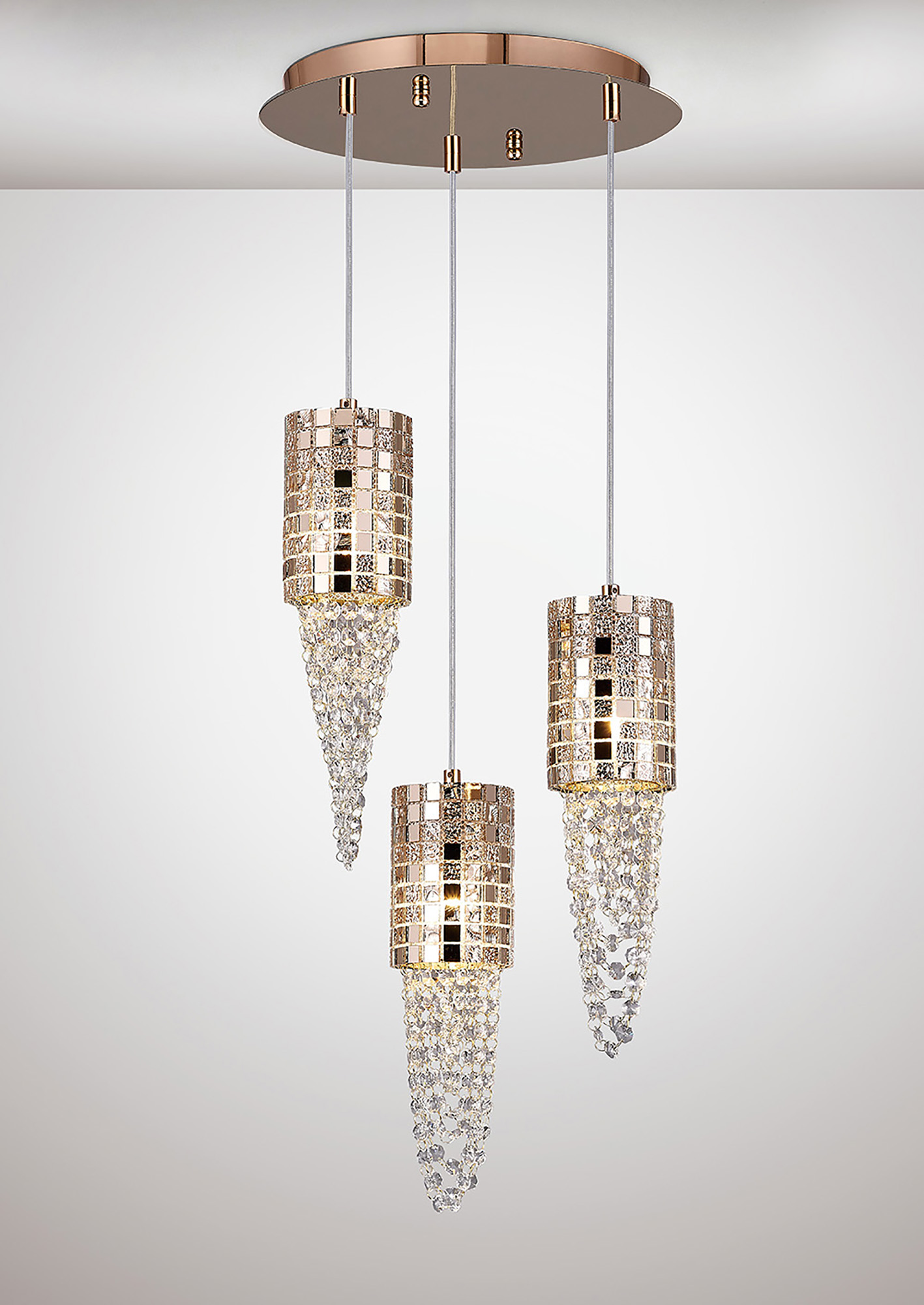 Camden Rose Gold Crystal Ceiling Lights Diyas Multiple Crystal Pendants